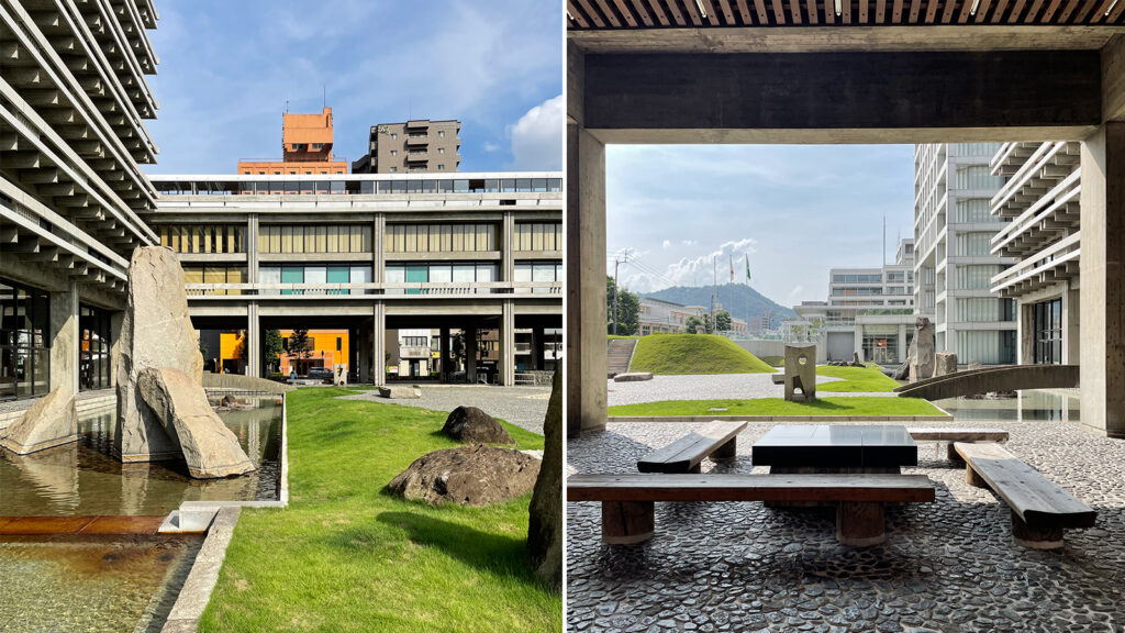 左：南庭から香川県庁舎をみる／右：ピロティから南庭をみる。屋内から半屋外、中庭へと空間ゆるやかにつながっている