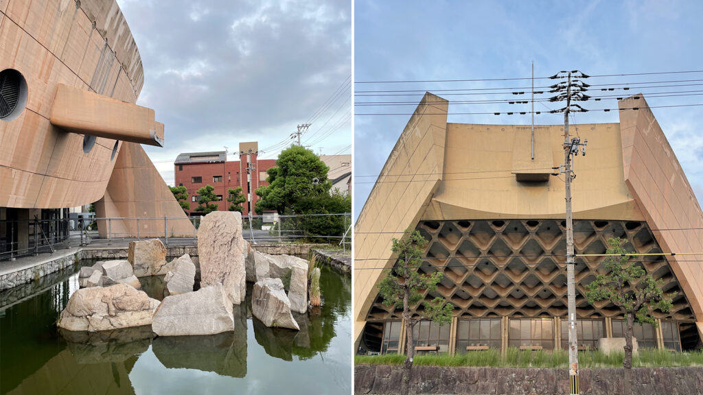 香川県立体育館 外観のディテール。ワッフルスラブにより大きく跳ね出した庇はかなりの迫力がある