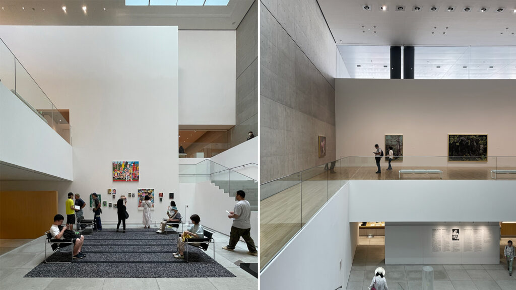 丸亀市猪熊源一郎現代美術館 内観。展示動線のところどころに椅子やベンチが置かれ、美術作品をゆったりと眺めることができる。ゆとりある空間だからこそ可能な設え