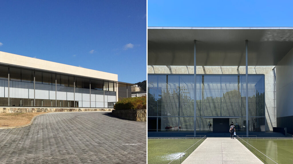 京都国立博物館 平成知新館(左)と国立博物館 法隆寺宝物館(右) 。これら二館の大壁面にはドイツ産ライムストーン(石灰岩)が使われているのに対し、金沢建築館にはブラジル産花崗岩が使われているよう