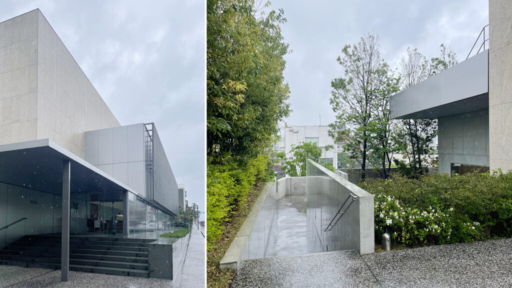 金沢建築館 外観。繊細な庇(左)と建物奥の庭へと下る階段(右)