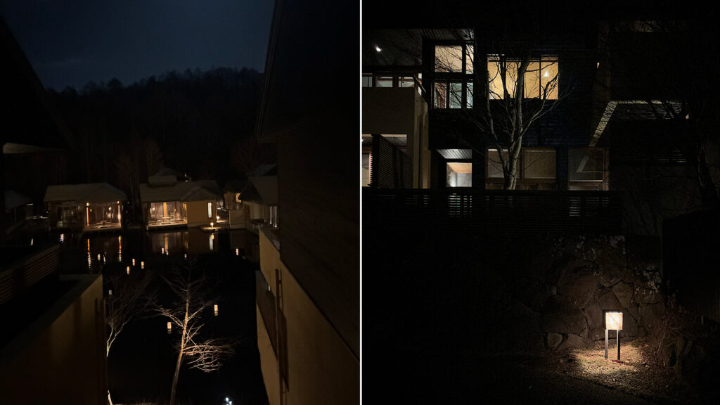 夜の風景。過度にライトアップせず、建屋から漏れる光と最小限の外構照明のみの暗さを楽しむ空間に。水景にはランタンも浮かぶ