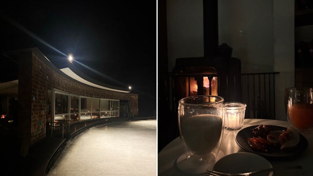 すぐ近くに建つ森のほとりCafe&Bar。星のや軽井沢のアクティビティの一部として受付で予約可能。カクテルなどのお酒も提供されており、冬季には目の前の池がスケートリンクとして活用されているよう