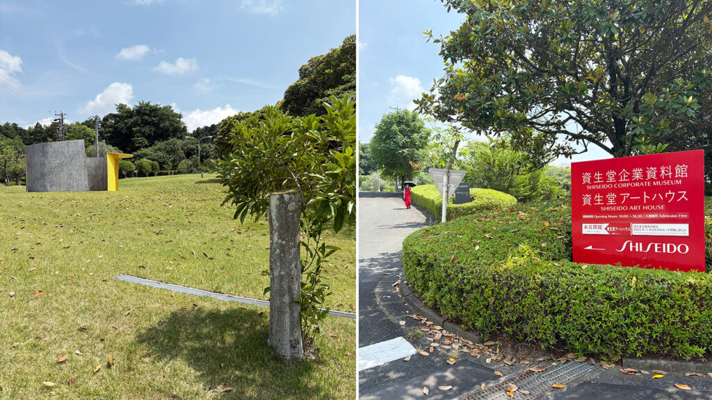 資生堂アートハウスまでのアプローチ。敷地内は芝生に覆われており、ところどころに屋外彫刻が置かれている
