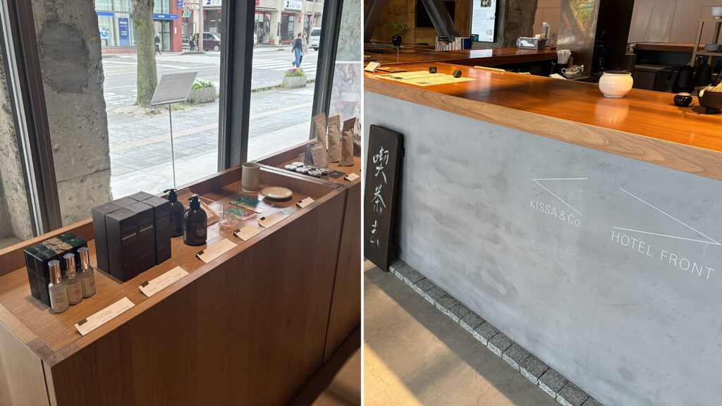 ホテルのレセプション・カウンターはカフェ&バーのカウンターも兼ねており、向かいではホテルのグッズも販売されている