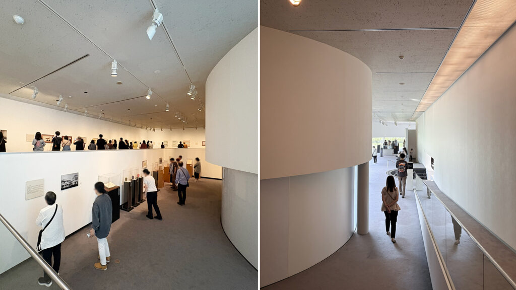 資料展示室。円弧を描く壁面の下部は元々ガラスの開放的な設えのようだったが、訪れたときは目隠しがなされていた
