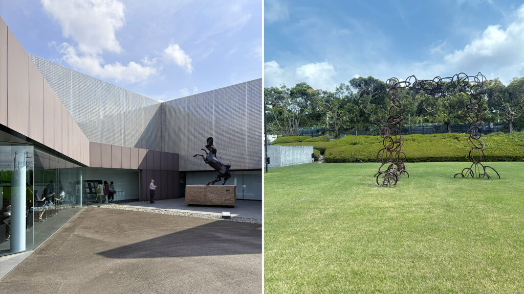 資生堂アートハウスの屋外に点在する彫刻群。左の写真はペリクレ・ファッツィーニ氏の作品、右の写真は青木野枝氏の作品。作品名や作家名は資生堂のHPにも掲載されている(URL:https://corp.shiseido.com/art-house/jp/visit/roam.html)